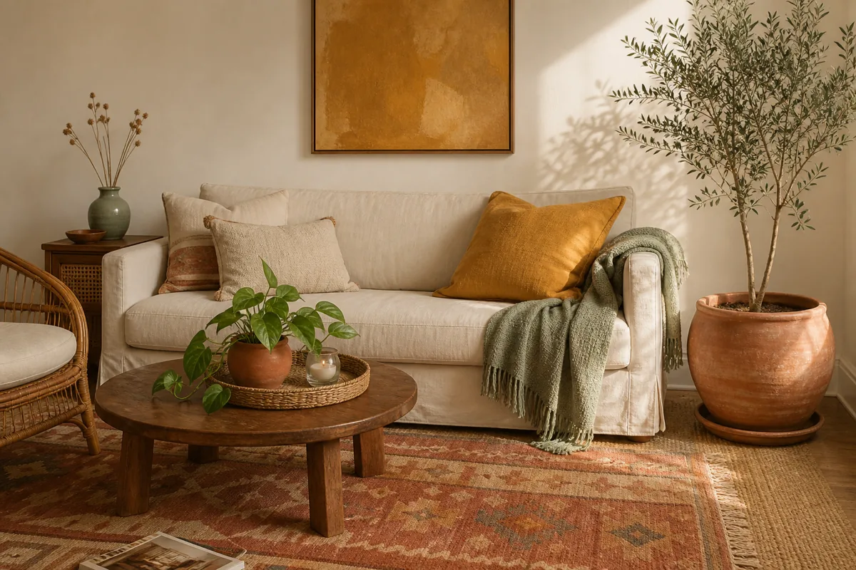 A medium slightly-above-camera shot of a living room arranged to demonstrate the four-color earth-tone palette — cream painted walls and a cream slipcovered sofa, a large ochre square cushion on the sofa, an ochre abstract canvas framed above the sofa, a sage throw blanket folded over the sofa arm, a small sage-glazed ceramic vase on a side table with dried stems, a large terracotta floor planter with an olive tree on the right, a vintage kilim rug in terracotta-and-cream tones on the floor, a small cane chair and side table on the left, a low walnut coffee table in the foreground with a small terracotta pot of pothos