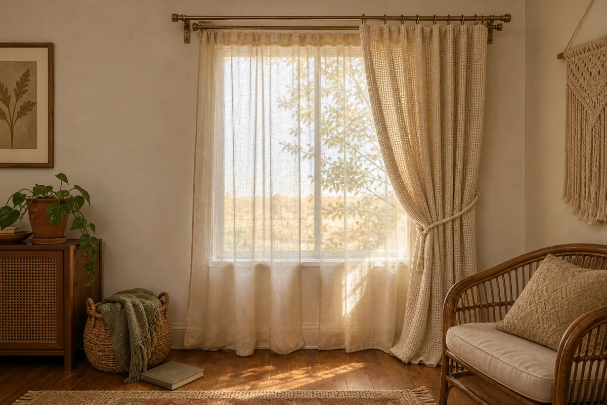 A medium window shot from inside the living room — both curtain layers clearly separate; the inner layer is a sheer cream linen panel hanging directly against the window glass providing soft privacy; the outer layer is a textured cream open-weave cotton panel hung on its own rod a few inches forward, the outer panel pulled aside to one side with a simple cotton rope tieback so the sheer underneath is visible through the gap; both rods mount on a brushed brass double-rod bracket system at the top of the window; late afternoon warm light filters through both layers onto a warm walnut floor; a small woven seagrass basket with a folded throw and a stack of books on the floor at the left of the window