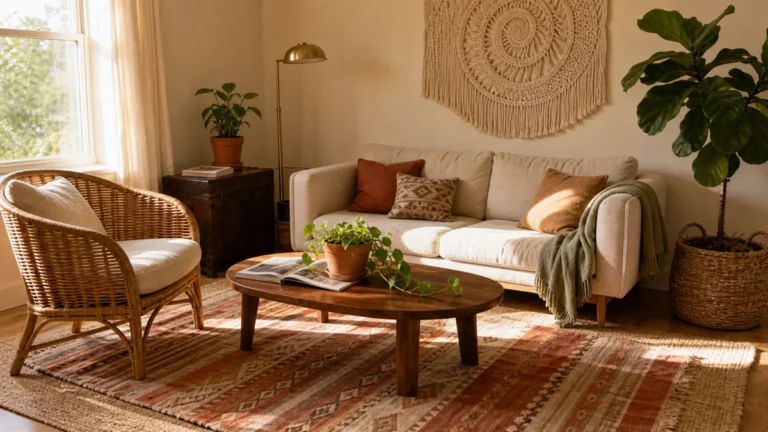 A boho living room corner with a curved-back rattan armchair, a cream slim sofa, a layered tribal-stripe kilim over a jute base rug, a small terracotta-potted plant on a low walnut coffee table, a tall fiddle leaf fig in a seagrass basket, and a large round-knot macramé wall hanging on the back wall