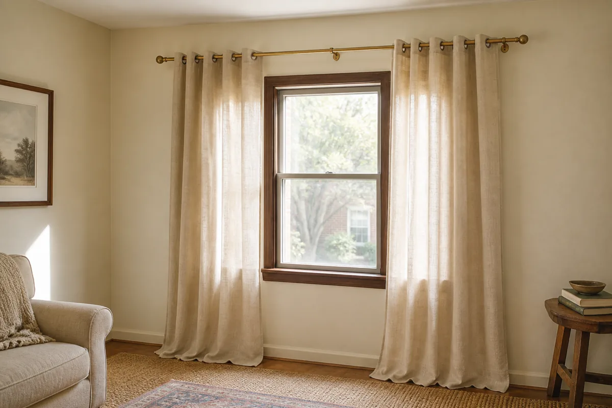 A close view of a window in a starter apartment. The curtain rod is mounted high — well below the ceiling but clearly above where most rentals would hang it — with cream linen panels grazing the floor and extending slightly past the window frame on each side.