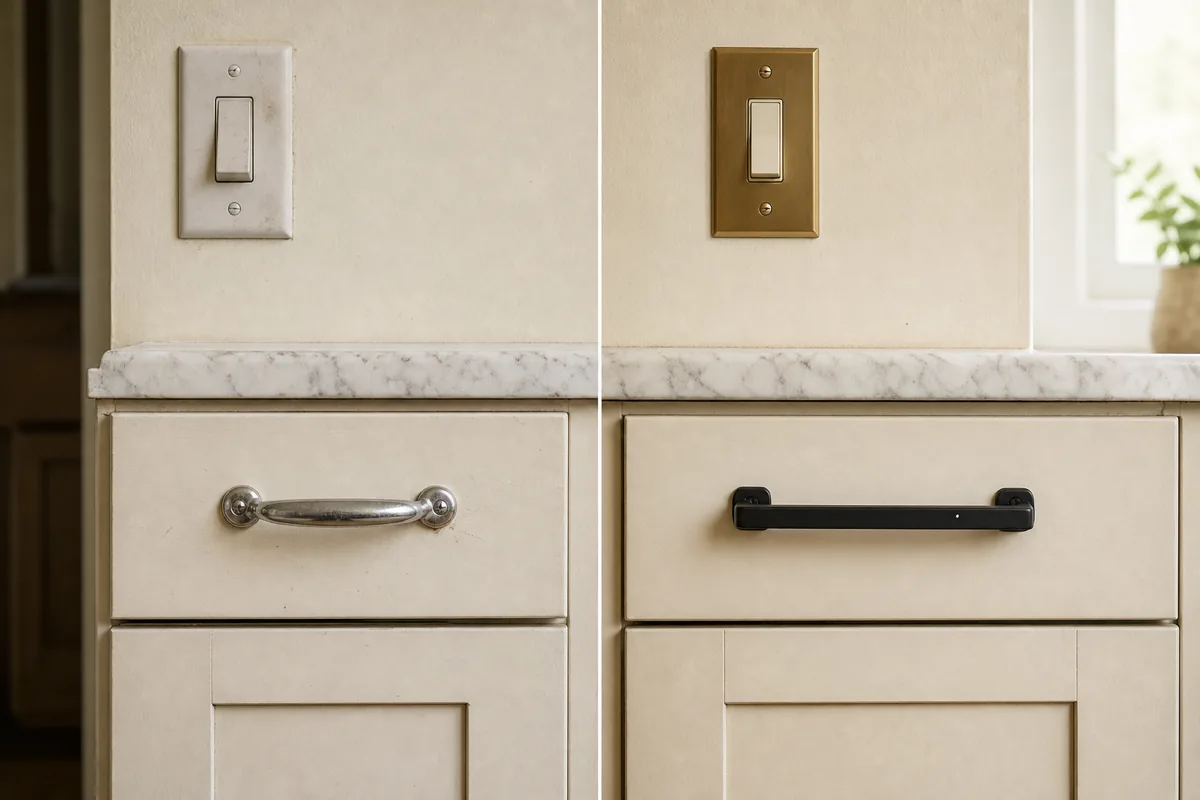 A close before-and-after split frame. Left half shows the original cabinet with a basic chrome pull and a white plastic switch plate above it. Right half shows the same cabinet with a matte black bar pull and a brushed brass switch plate, the upgrade visible at a glance.