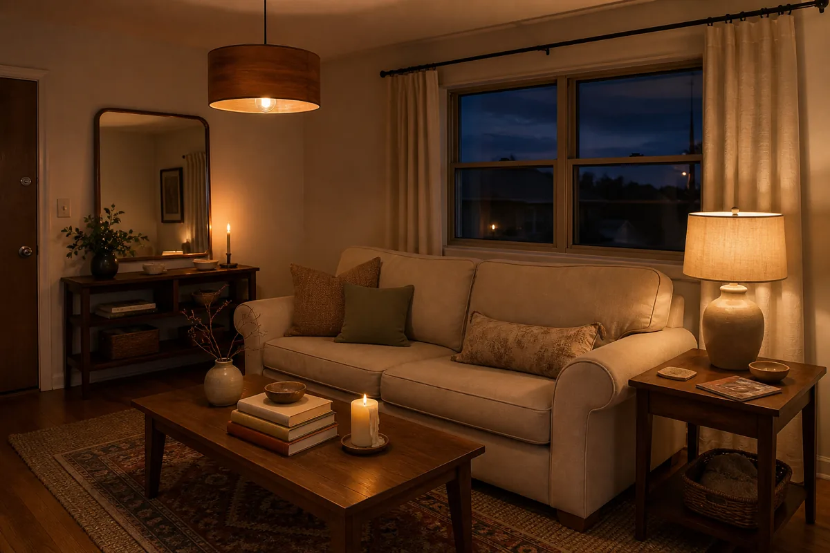 A starter apartment living room at dusk with three light sources visibly lit at once — a walnut-shaded pendant overhead, a ceramic table lamp on a side table, and a single pillar candle on the coffee table. The corners of the room recede into shadow, proving the three sources are the primary light, not daylight.