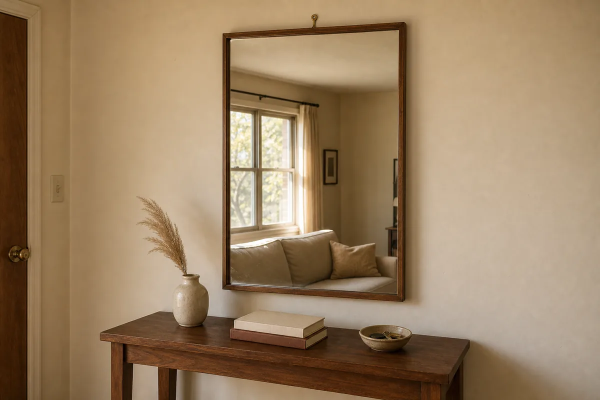A statement mirror hung above a walnut console table. The mirror is large enough to dominate the wall above the console, and reflects an opposite window, bouncing daylight back into the room. The wall on either side of the mirror is empty cream drywall.