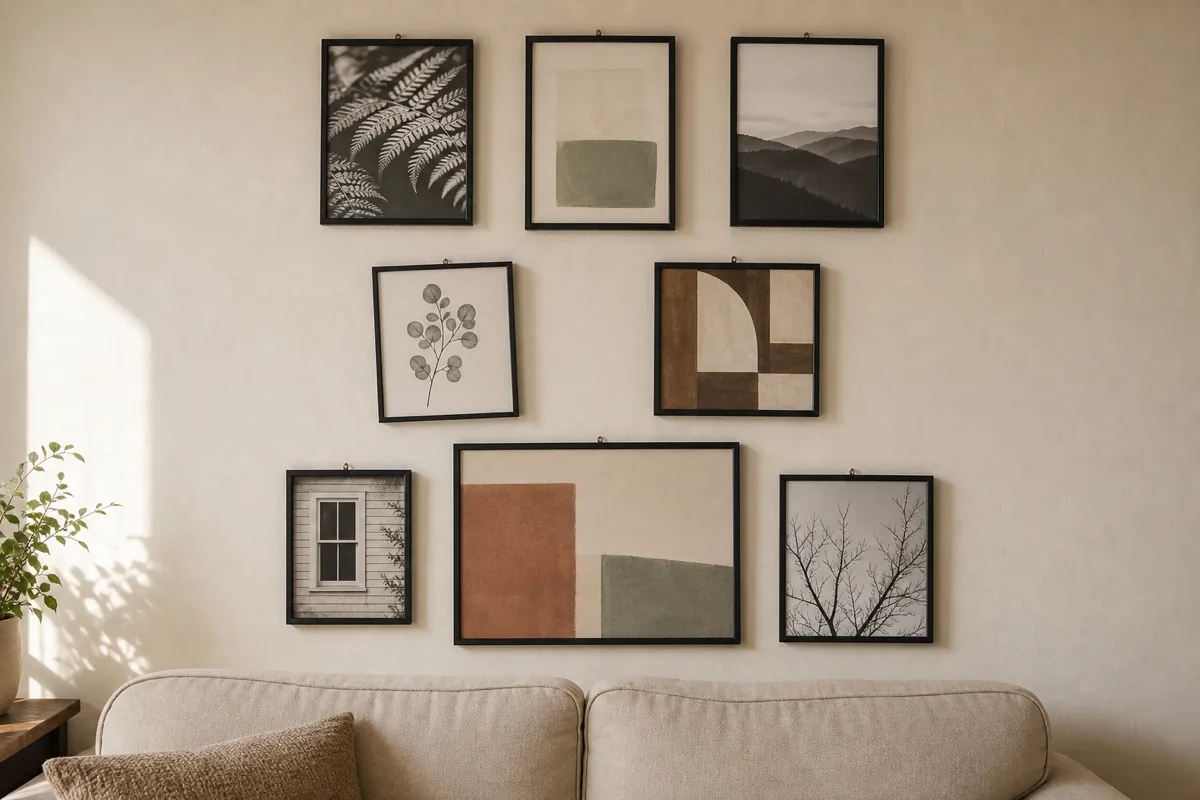 A gallery wall arrangement above a sofa. Seven thrift-store frames in different sizes are hung in a roughly grid arrangement, but every single frame is the same thin black finish. The art inside each frame is different — a black-and-white nature photo, an abstract block painting, a line drawing, a botanical illustration — but the frame consistency does the heavy visual work.