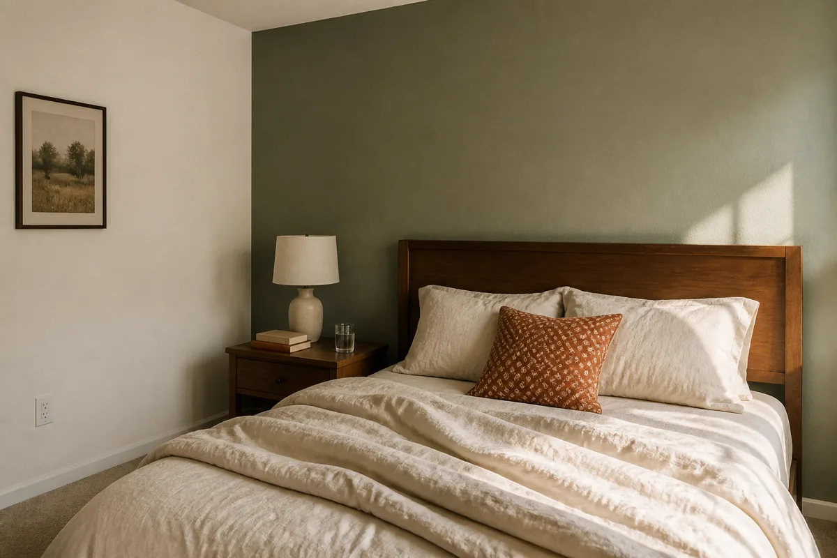 A bedroom corner with the headboard wall painted a muted desaturated sage. The adjacent left wall stays warm white. The crisp corner line between the two paint colors is clearly visible, proving real paint not photo manipulation. A walnut bed frame with cream linen bedding sits against the sage wall with one rust accent pillow.