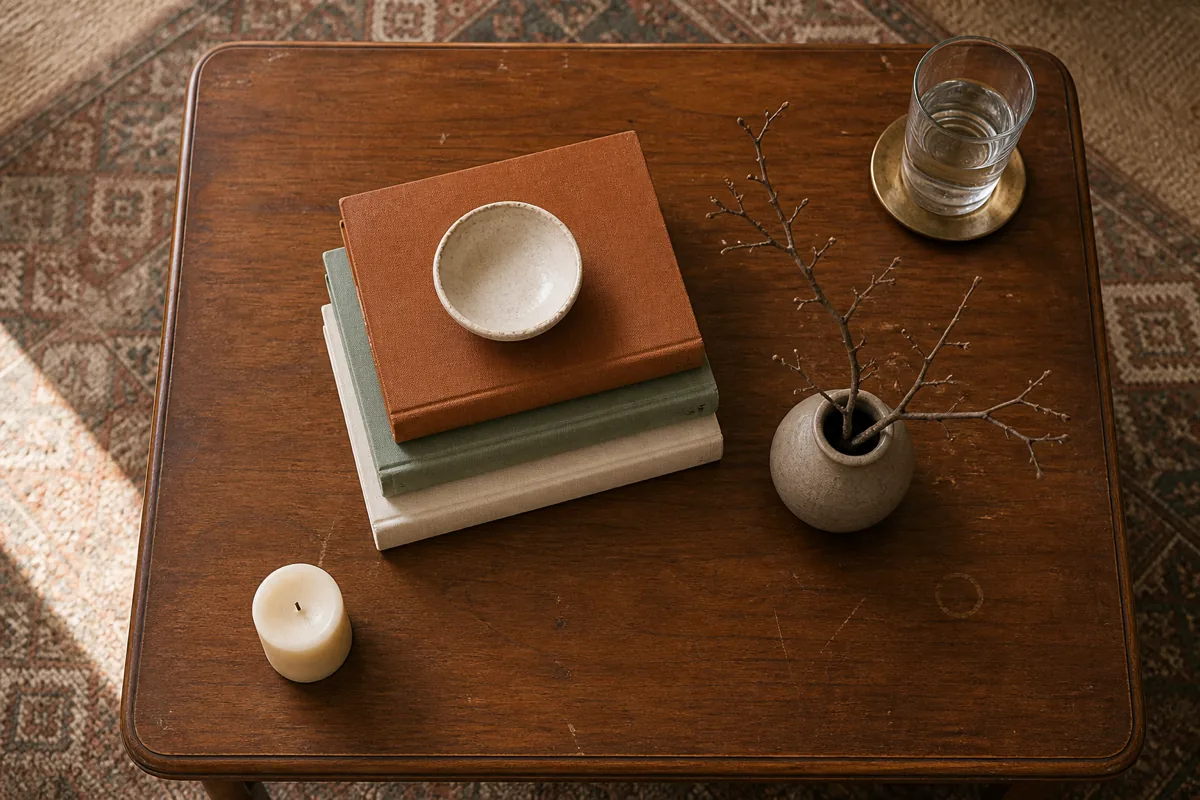 A top-down view of a coffee table. A stack of three hardcover books with cloth covers in cream, brown, and sage sits center-left. A small ceramic bowl rests on top of the stack. Beside the stack, a small muted-clay vase holds a single bare branch. An unlit candle sits to the lower left. The wood grain shows real apartment-grade thrift wear.