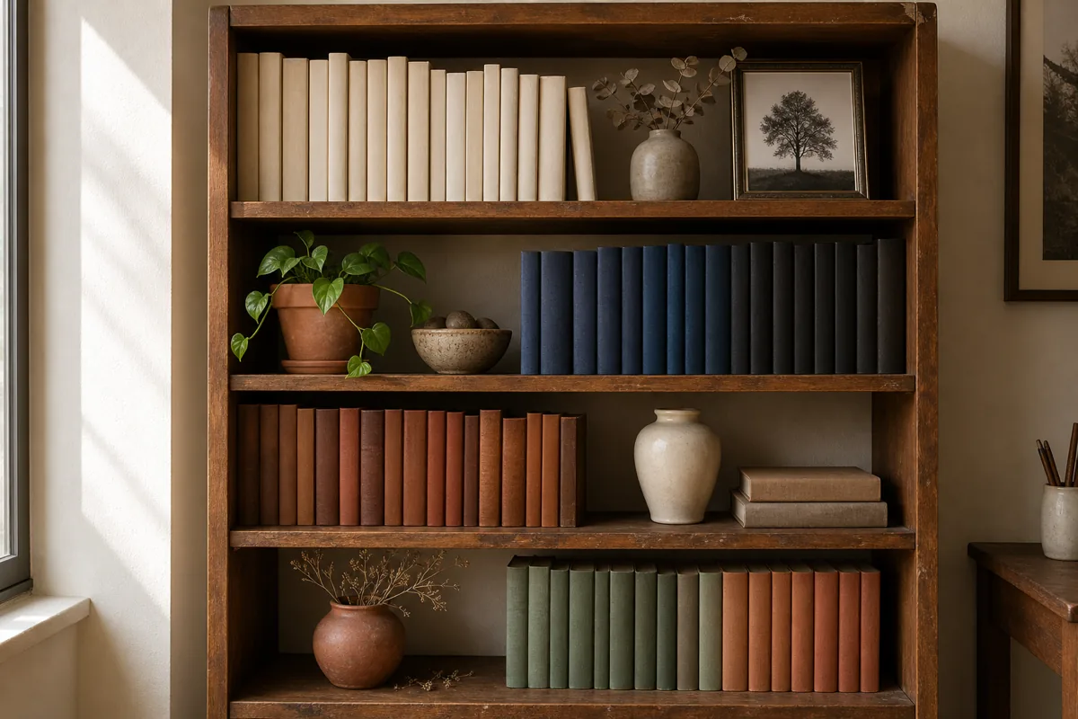 A walnut bookshelf with four visible shelves. Each shelf is grouped by spine color — cream and off-white books at the top, dark blue books on the second shelf, green books on the third, and muted rust and orange books on the bottom. Each shelf has a small decor object mixed in — a ceramic vase, a small plant, a framed photo, a horizontal book stack.