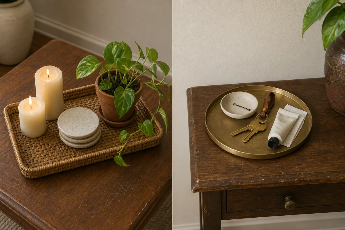 A split-context view of two surfaces using the same lever. Left side shows a coffee table with a rattan tray containing two cream pillar candles, a small stack of cream coasters, and a small pothos plant in a terracotta pot. Right side shows an entry console table with a brushed-brass round tray containing house keys on a leather keyring, a small cream dish, and a small cream hand-cream tube. Both tray rims visibly contain the items.