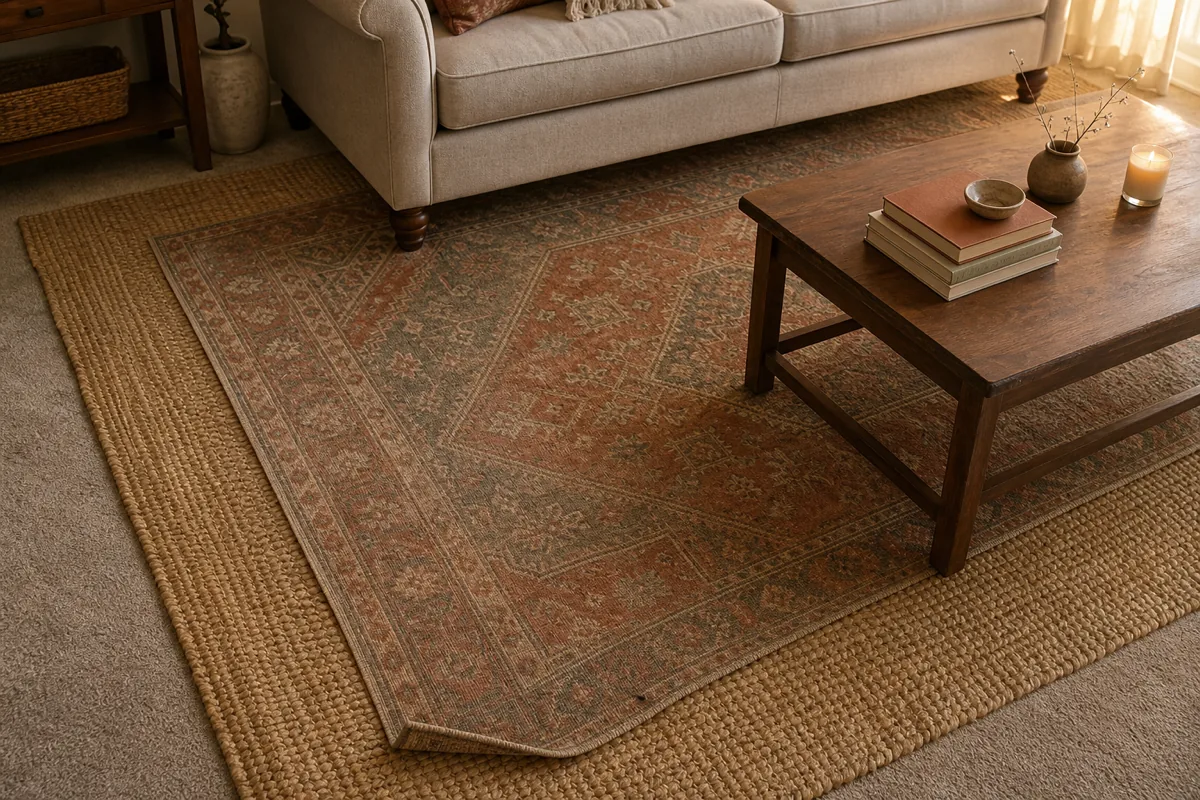 A living room floor with two rugs visibly layered. A large natural-fiber jute rug serves as the base. On top of the jute, a smaller patterned vintage-look rug in muted rust and cream is layered diagonally, slightly off-center so the jute is visible all around the top rug's edges. A sofa front legs and a walnut coffee table sit on the layered top rug. At the very edge of the frame, the un-renovated apartment floor underneath both rugs is visible.