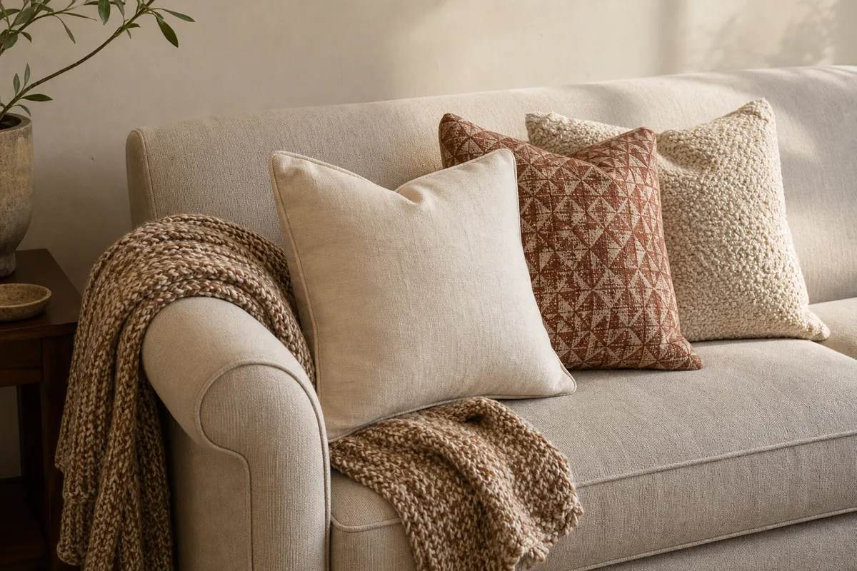 A sofa close-up showing three throw pillows arranged in a row. The front pillow is a solid cream linen with a simple piped edge. The middle pillow has a muted rust block-print pattern on a cream background. The back pillow is a cream boucle texture with visible nubby loops. A chunky knit warm-walnut and cream throw is casually draped over the sofa arm — not folded perfectly, but in a real human-thrown drape.