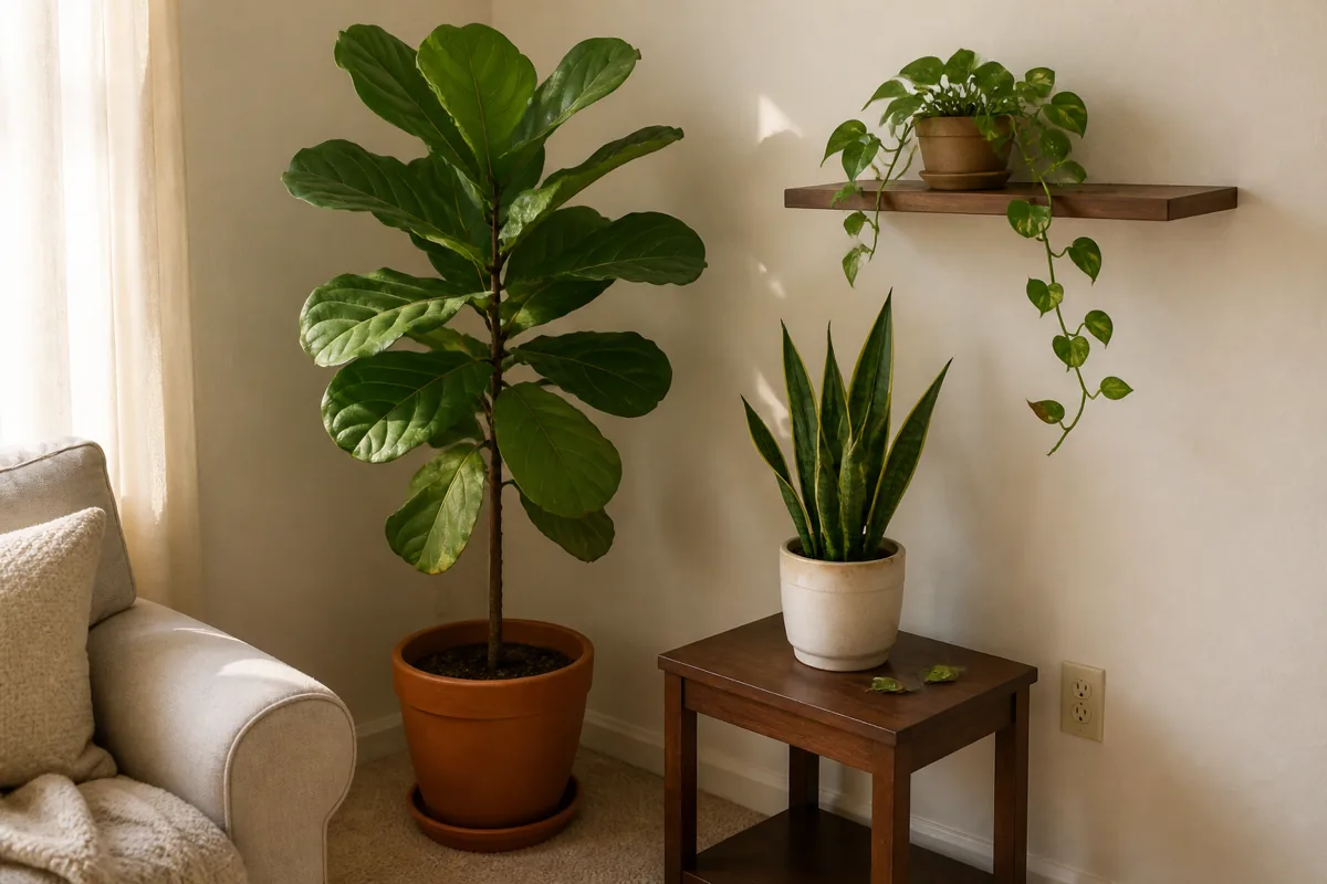 A living room corner with three plants of clearly different heights clustered together. The tallest is a fiddle-leaf fig in a terracotta floor pot, about five feet tall. The medium is a snake plant in a cream ceramic pot on a small walnut side table about 18 inches off the floor. The smallest is a trailing pothos in a dark pot on a wall-mounted floating shelf about four feet up, with vines visibly cascading down the front of the shelf.
