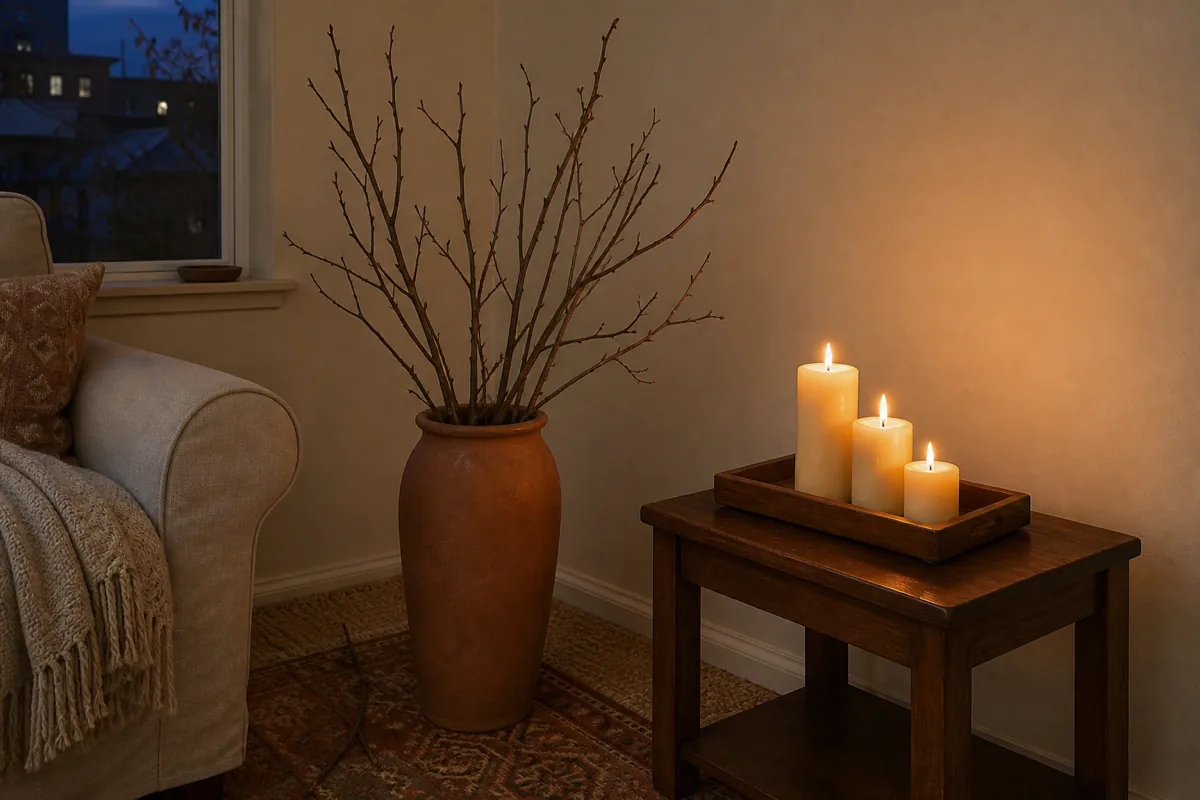 A living room corner at dusk. A tall muted-clay floor vase about 26 inches tall stands on a layered rug holding bare branches that extend upward another 24 inches, creating a vertical composition over four feet tall. Nearby on a small walnut side table, a walnut tray holds three cream pillar candles of varying heights, all lit, casting warm glow around the corner. Evening twilight visible through a window in the back.