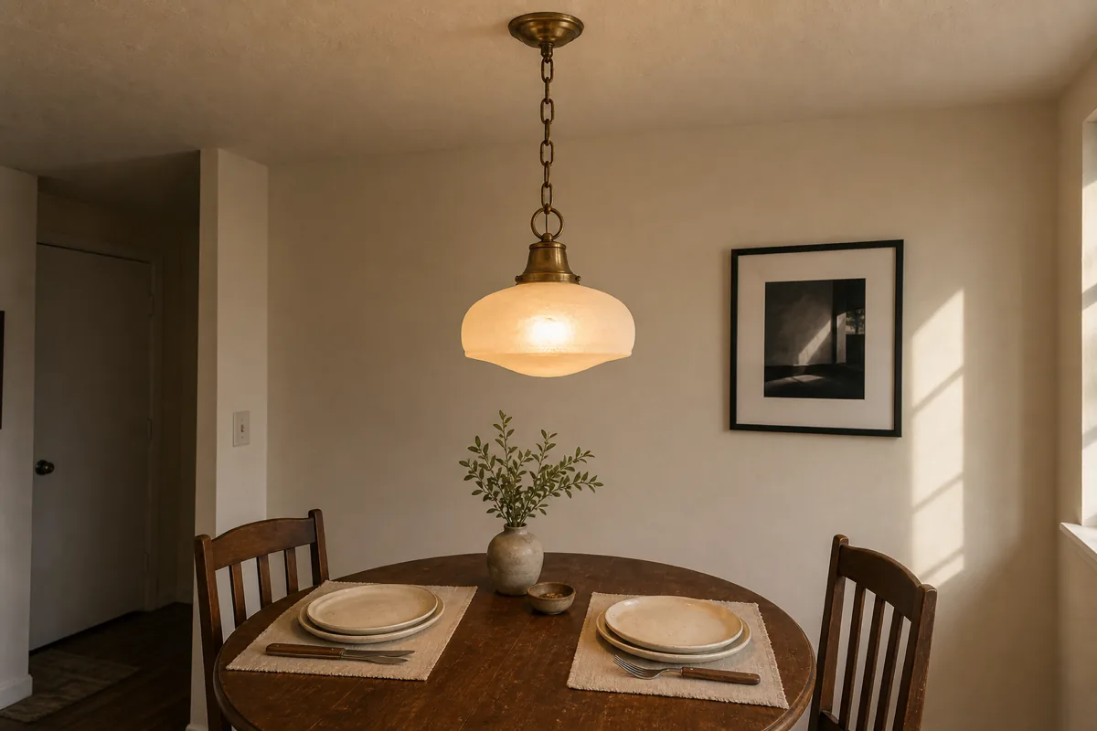 A dining area in a starter apartment. A vintage schoolhouse-style pendant hangs from the ceiling — a frosted glass globe with a brass cap, hung from a brass chain and visible brass canopy mount. The pendant is lit with a warm amber glow. Below the pendant sits a generic walnut round dining table with two cream linen placemats and two simple plates, and a small framed black-and-white photo hangs on the wall behind.