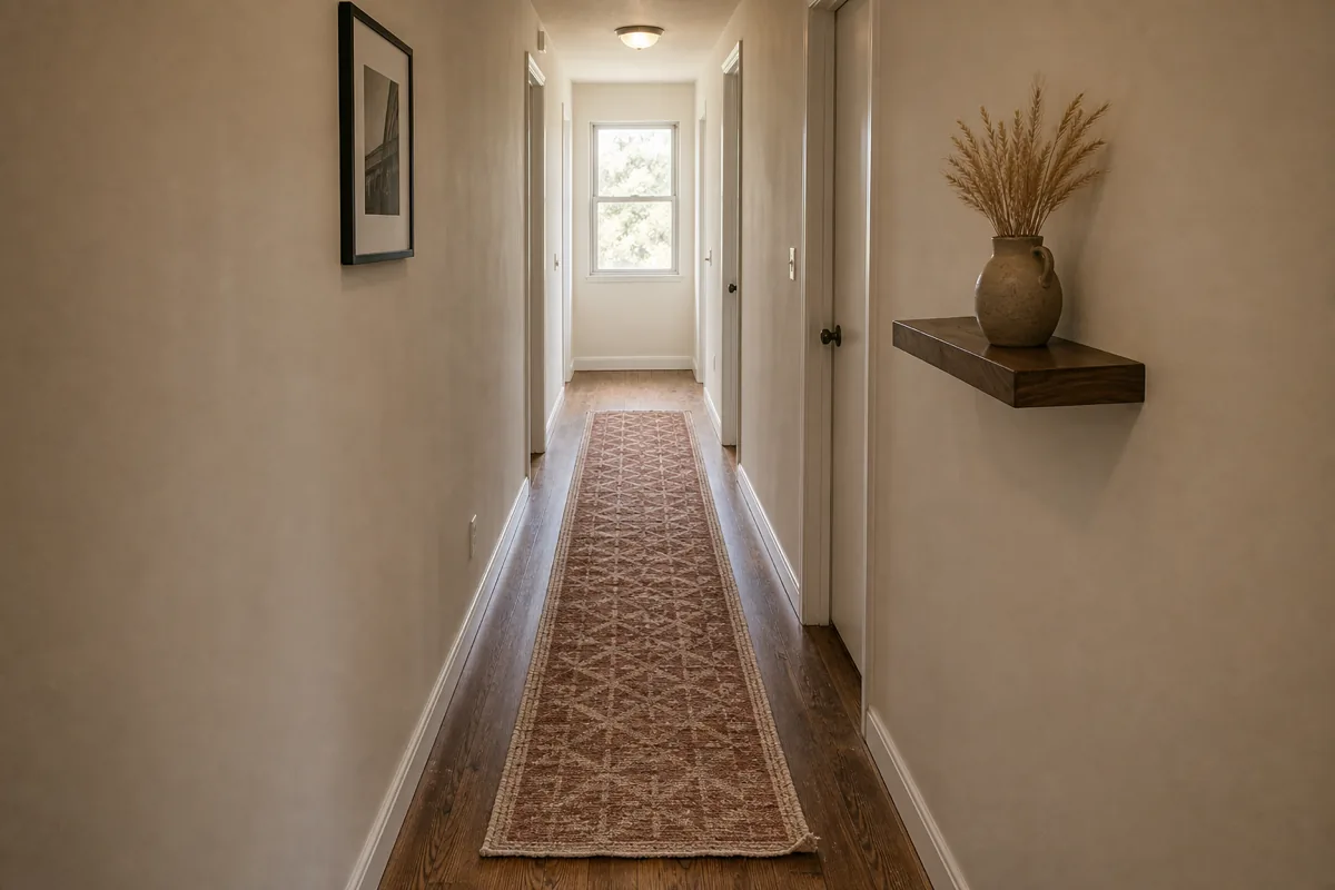 A long view down a hallway in a starter apartment. A long narrow runner rug in a muted rust and cream geometric pattern runs down the center of the hallway with bare warm-walnut hardwood floor visible on both sides. A framed black-and-white photo hangs on the left wall, a small walnut floating shelf with a vase of dried pampas grass on the right. A small window at the far end of the hallway streams daylight inward.