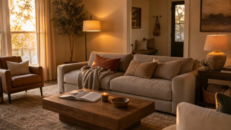 Cozy living room at golden hour with a deep oat boucle sofa, layered throw, two warm lamps lit, a chunky reclaimed-wood coffee table, and a small sage tree in the corner