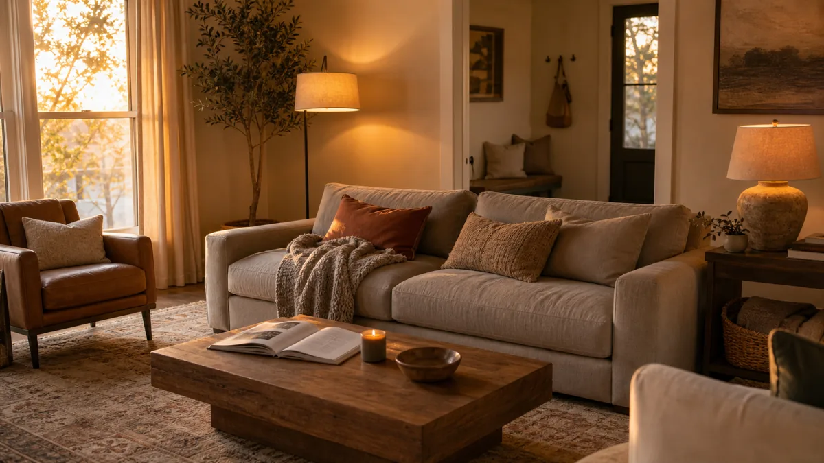 Cozy living room at golden hour with a deep oat boucle sofa, layered throw, two warm lamps lit, a chunky reclaimed-wood coffee table, and a small sage tree in the corner