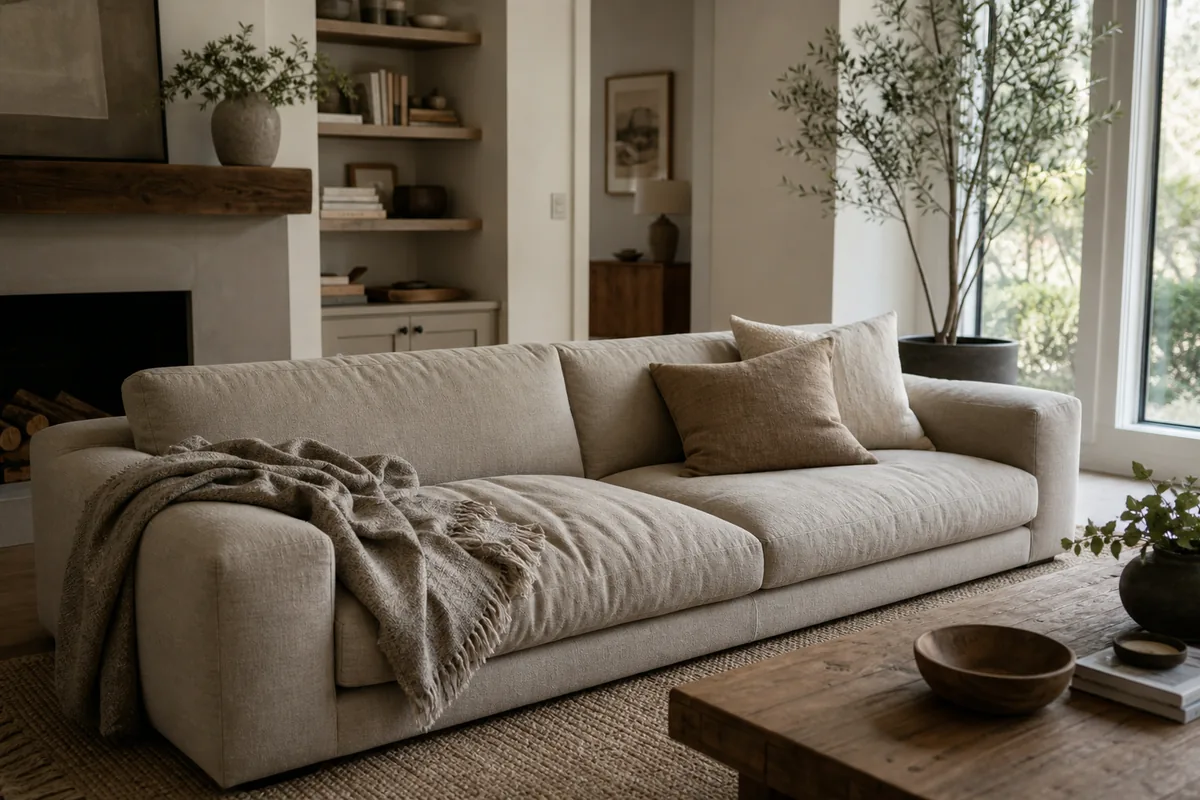 Deep oat boucle sofa with chunky knit throw across one corner and two soft cushions, set against a stone fireplace and built-in shelves