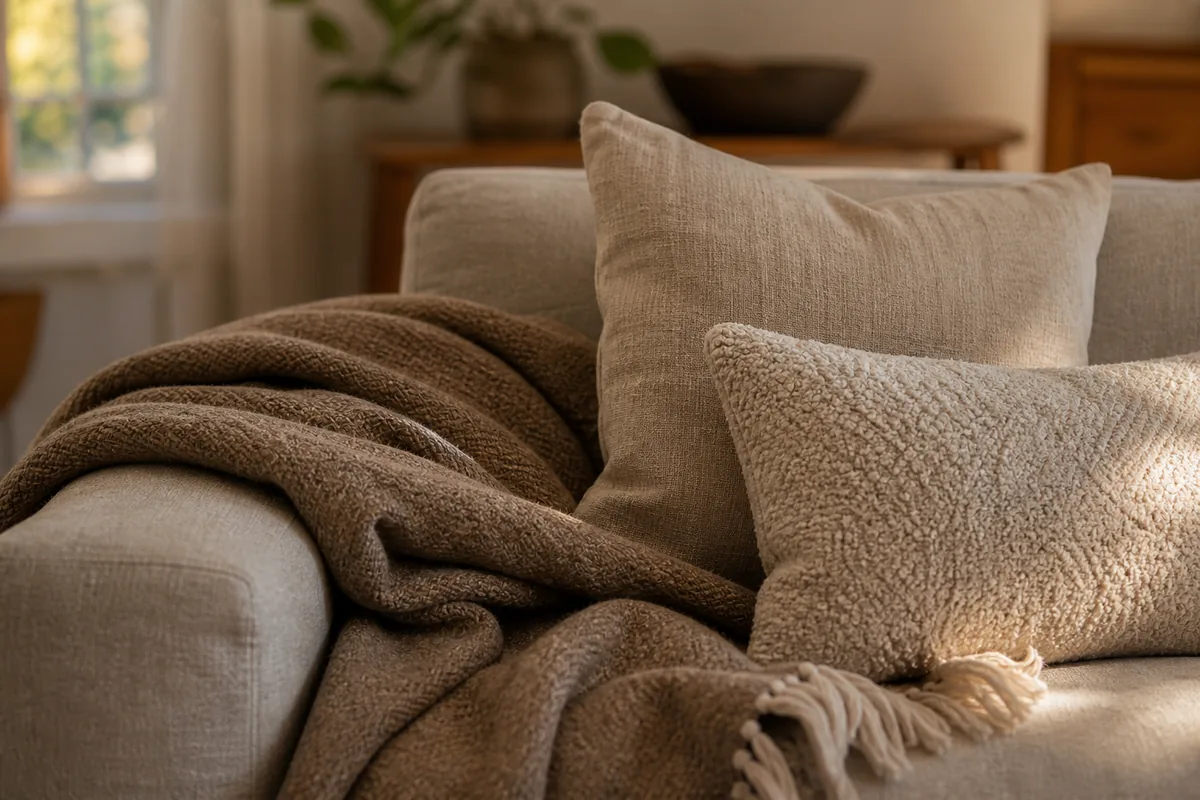 Close-up of sofa corner with chunky brown woven throw, cream linen pillow, and quilted cream cushion stacked together in warm side light