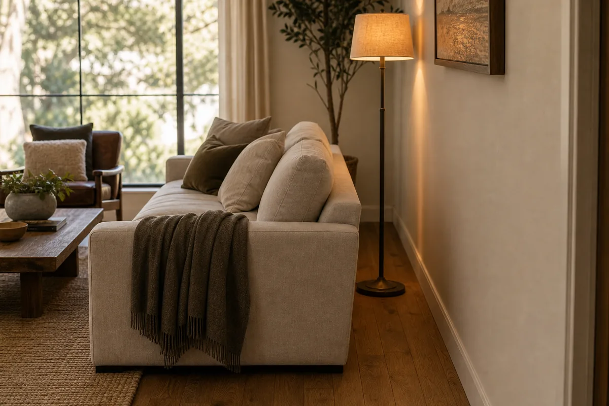 Side-angle view of a deep sofa pulled six inches off the wall with a slim floor lamp tucked into the gap casting warm light against the wall