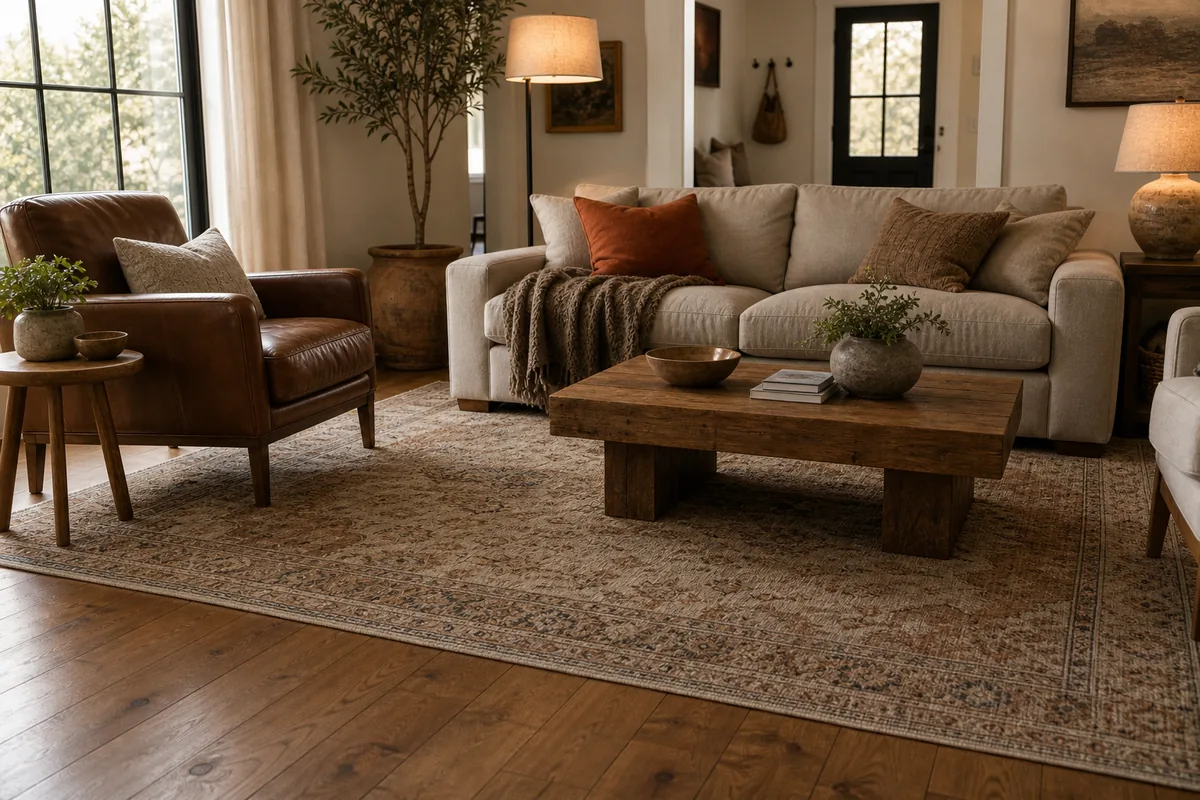 Wide floor-level shot of a vintage-pattern rug large enough to hold the front legs of a sofa, an accent chair, and a chunky wood coffee table