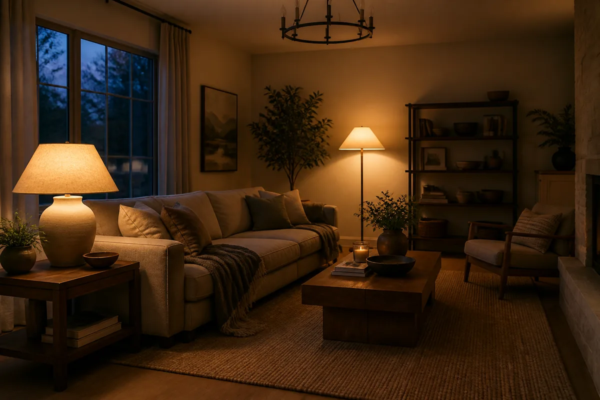 Living room at dusk with ceiling fixture off and two warm lamps lit — a table lamp and a floor lamp — casting amber pools across the room