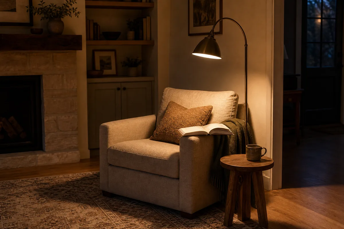 Dimly lit reading corner with a tall task-style floor lamp arching over a cream boucle armchair, casting warm light on the chair and a small wood side table with a ceramic cup