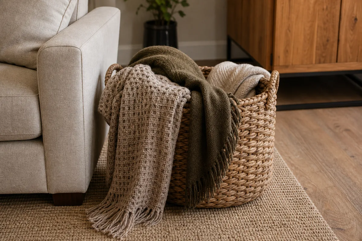 Large hand-woven basket beside a sofa holding two throws spilling out — one cream waffle weave, one olive textured knit — on a wood floor