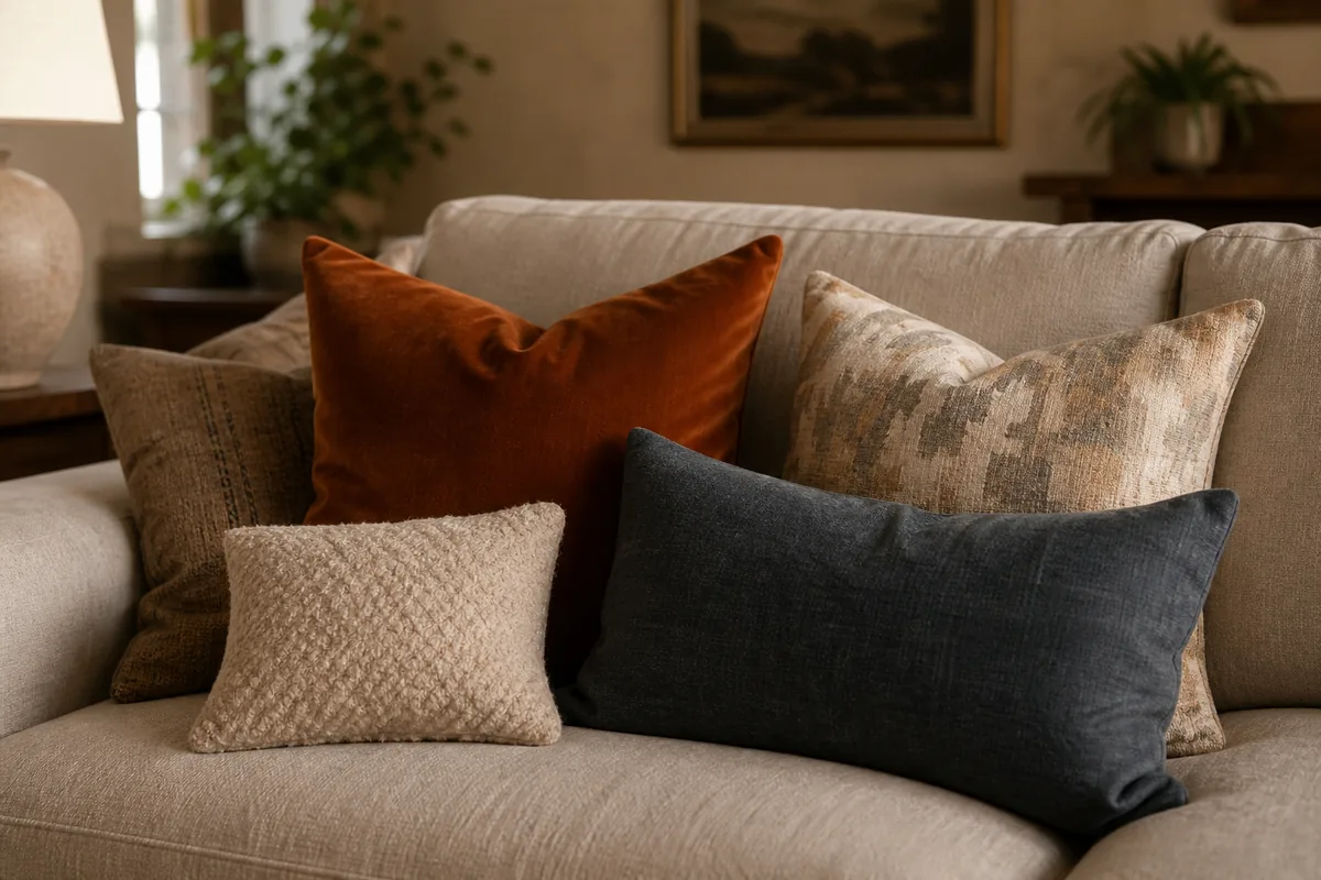 Sofa pillows: a rust velvet square, a gold-flecked square, a slate-blue lumbar, and a small cream textured cushion in different sizes and textures
