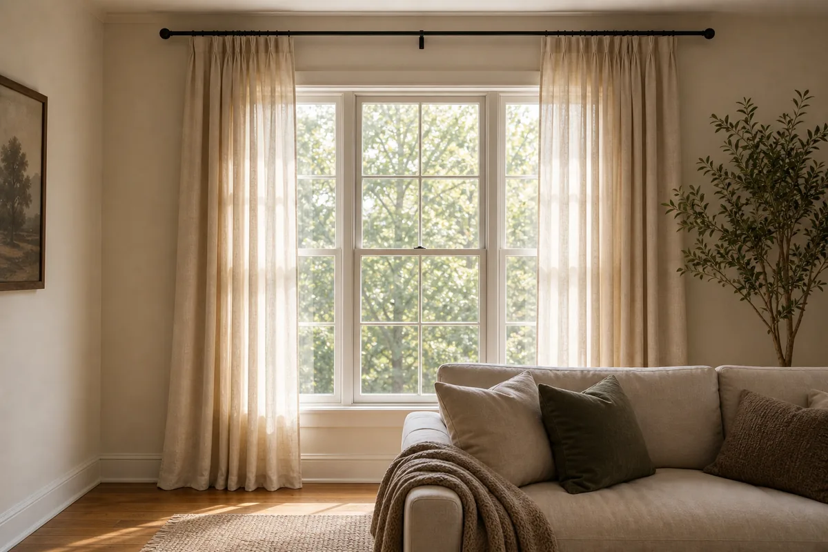 Living room window wall with curtain rod hung well above the window frame, floor-length linen panels breaking softly on the floor