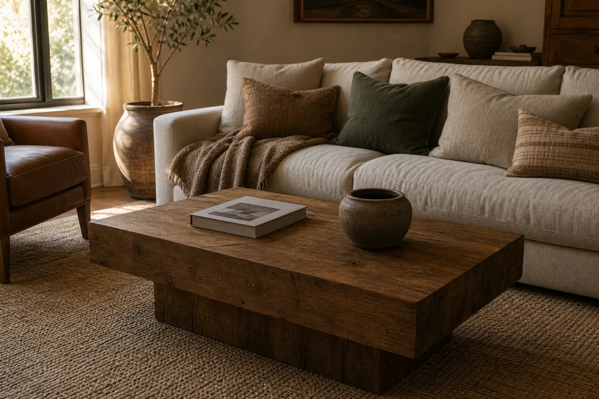 Chunky reclaimed-wood coffee table with visible joinery anchoring the seating area, soft sofa with olive and rust pillows behind