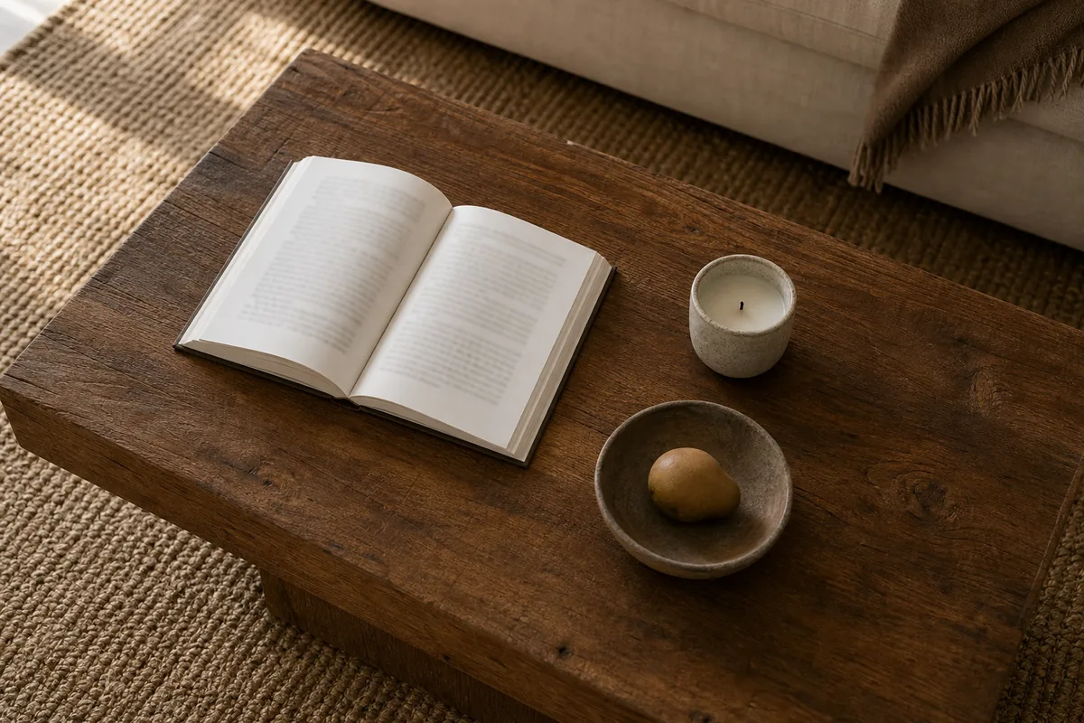 Overhead view of a wood coffee table styled with an open book, a small unlit cream candle in ceramic, and a low black tray holding one yellow piece of fruit