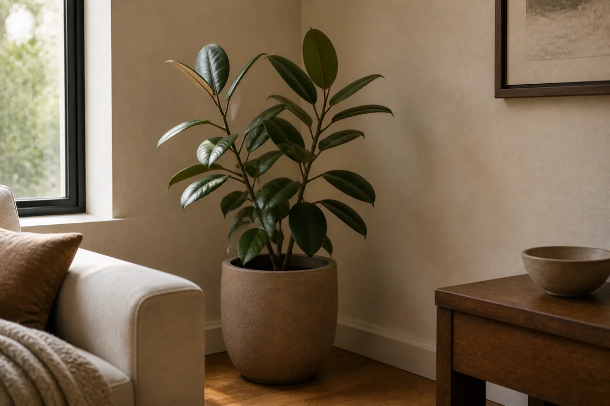 A healthy rubber tree in a matte clay pot in the corner, leaves angled toward a window, beside a soft sofa and a wood side table
