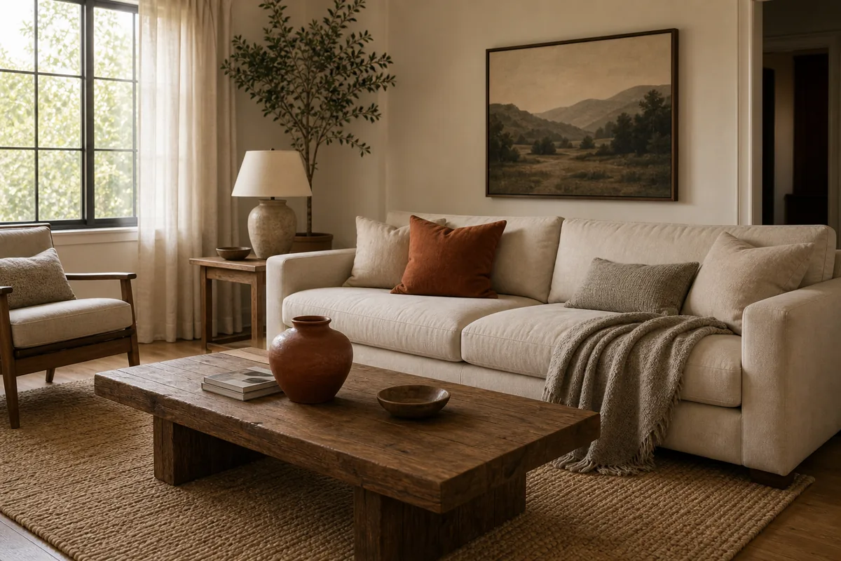 Wide living room shot with a rust accent appearing twice — once as a sofa pillow, once as a rust ceramic vessel on the coffee table — against warm neutrals and a soft landscape painting