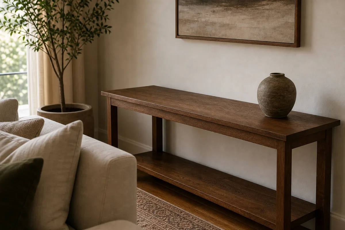 Long dark-wood console table holding exactly one chunky ceramic vessel with a large soft landscape painting above and breathing room on both sides