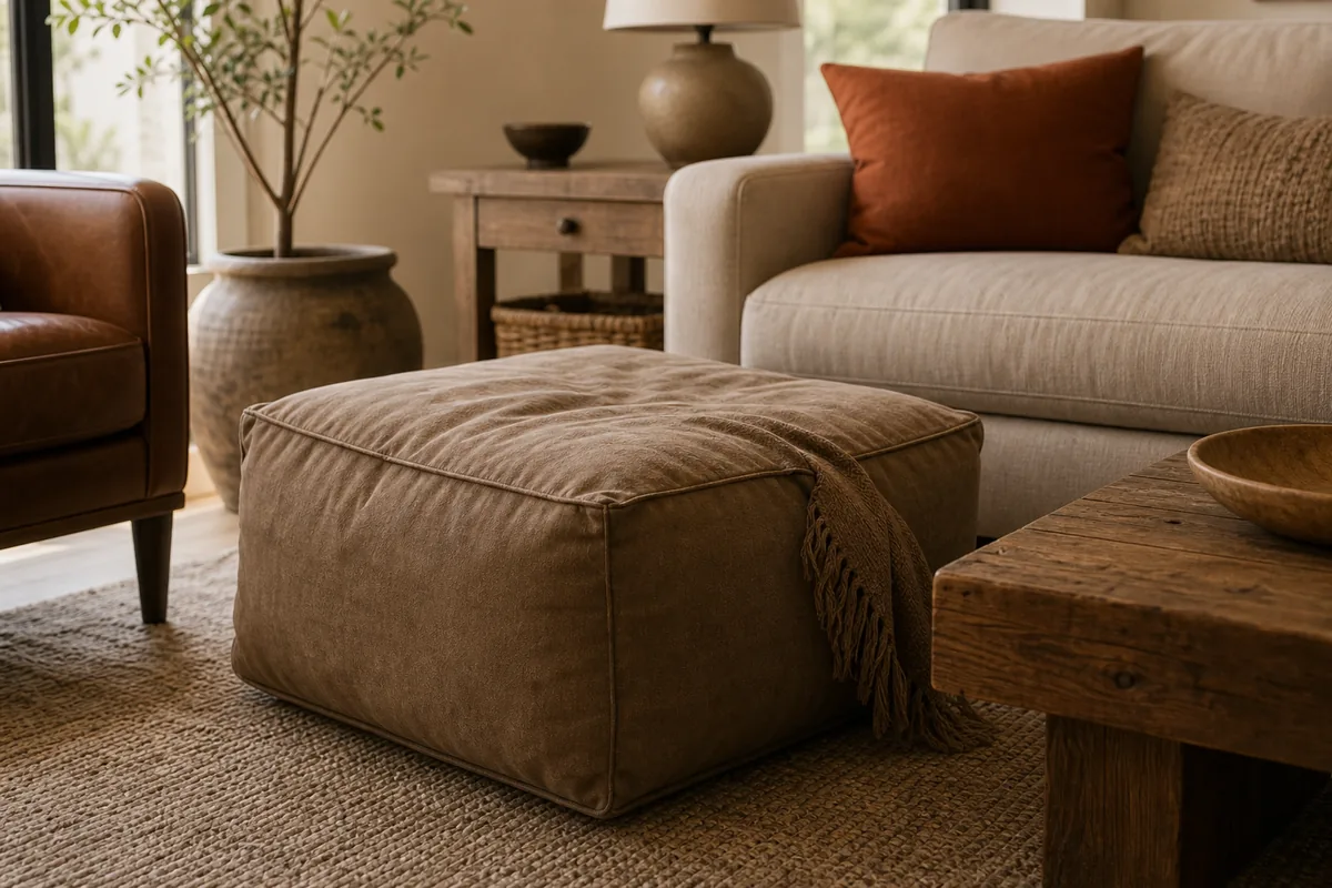 Oversized brown corduroy ottoman placed between a soft cream sofa and a leather accent chair with a partial throw and rust pillow