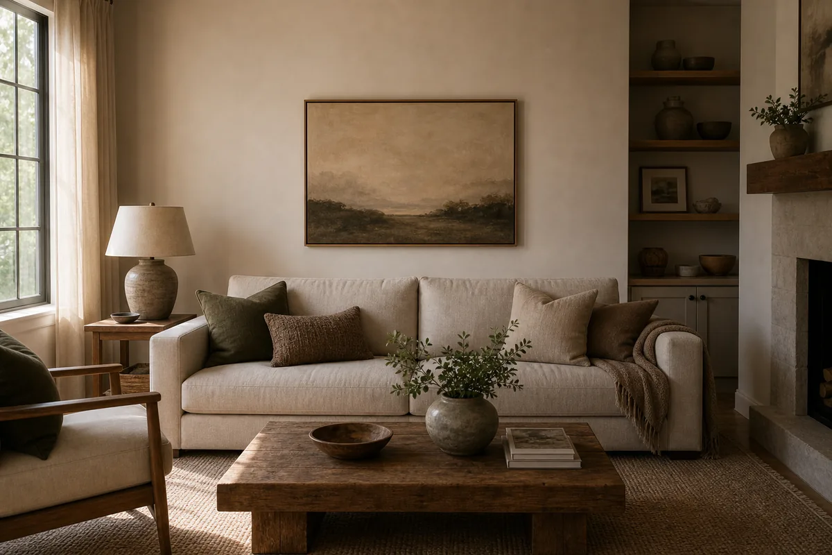 Muted landscape painting hung deliberately low above a sofa, sized to match sofa width, with coffee table and ceramic vessels in foreground