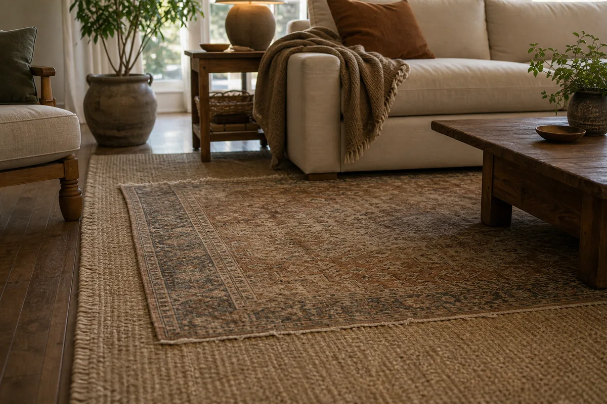 Floor-level shot of a vintage-pattern rug layered over a larger jute base rug, with sofa and chair legs visible on the base rug