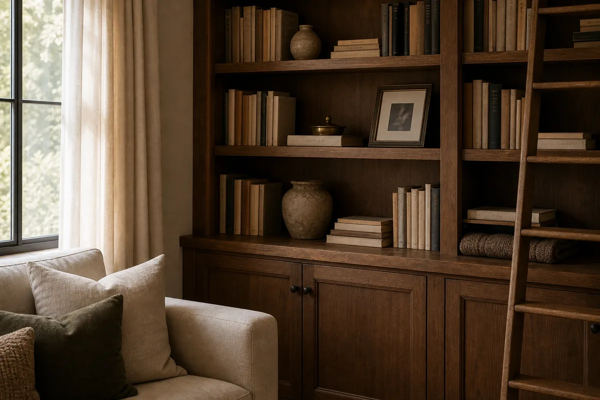 Dark-stained built-in bookshelf with books stacked vertically and horizontally, a ceramic vase, a small framed photo, a low candle, and a wooden ladder leaning beside it