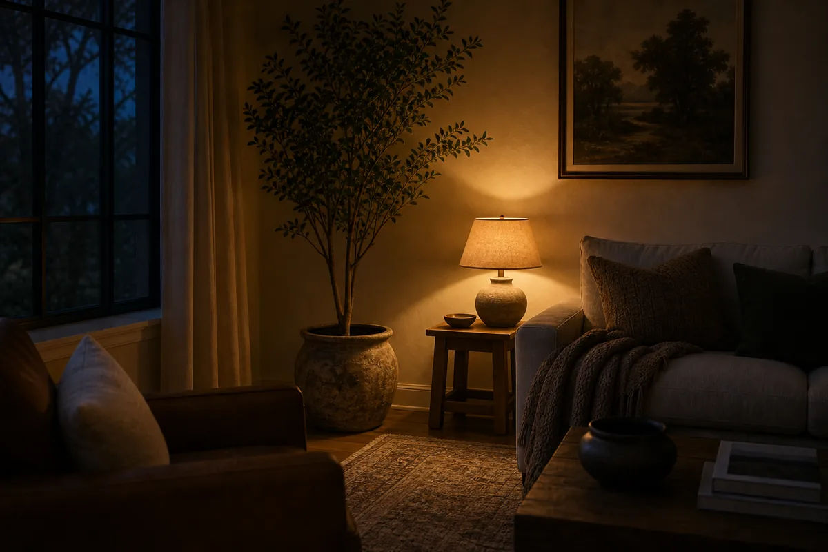 A dark corner now lit by a small lamp on a wood side table beside a leather chair and a tall plant, evening mood elsewhere