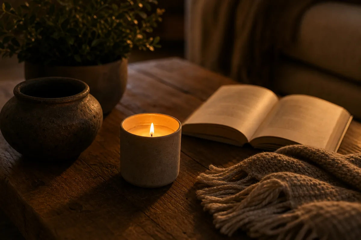 Close-up of a single cream pillar candle lit on a wood surface beside a black textured ceramic vessel with greenery, an open book, and a chunky-knit throw