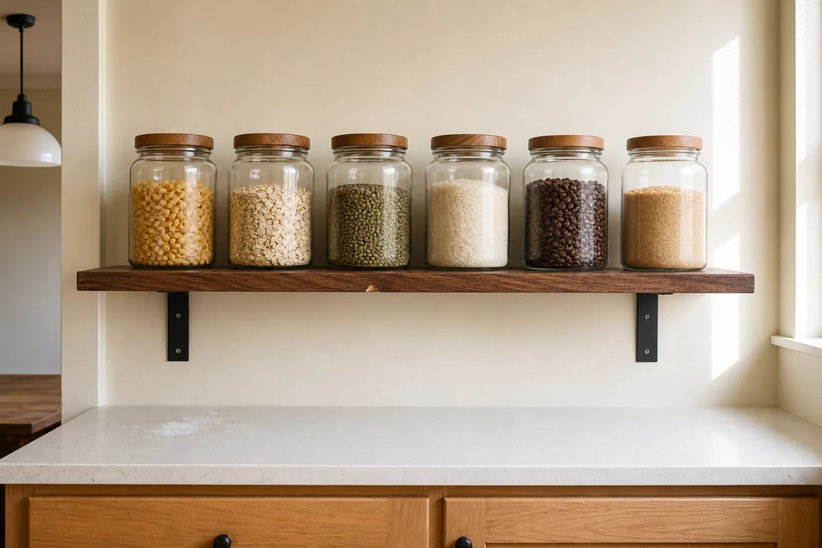 Six matching wide-mouth glass jars with wood lids in a single row on a dark walnut floating shelf with matte black L-brackets, holding decanted yellow pasta, white rice, lentils, oats, coffee beans, and brown grains, white counter below, soft direct daylight from the right, cream painted wall behind