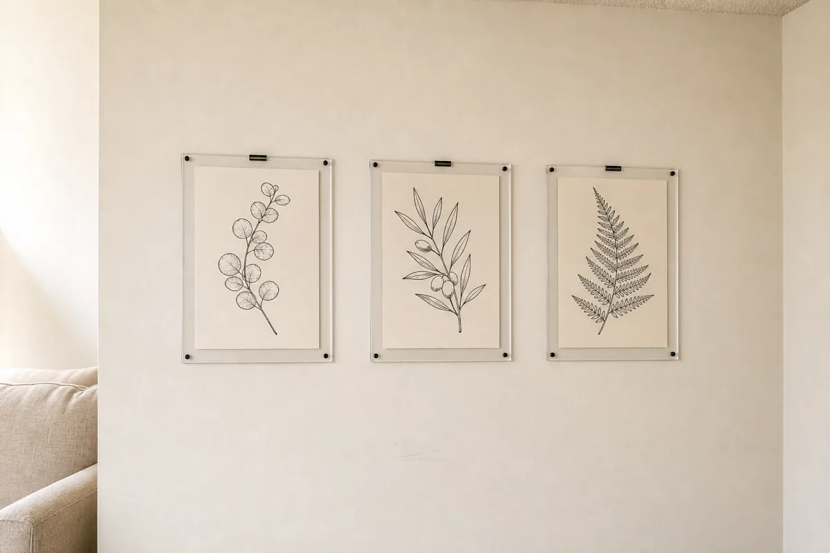 Three clear acrylic floating frames in a horizontal row on a cream painted wall, each with a simple black-ink botanical line drawing — a single branch on the left, a small leafy branch in the center, a fern on the right, small magnetic corner pieces visible, soft daylight from upper right
