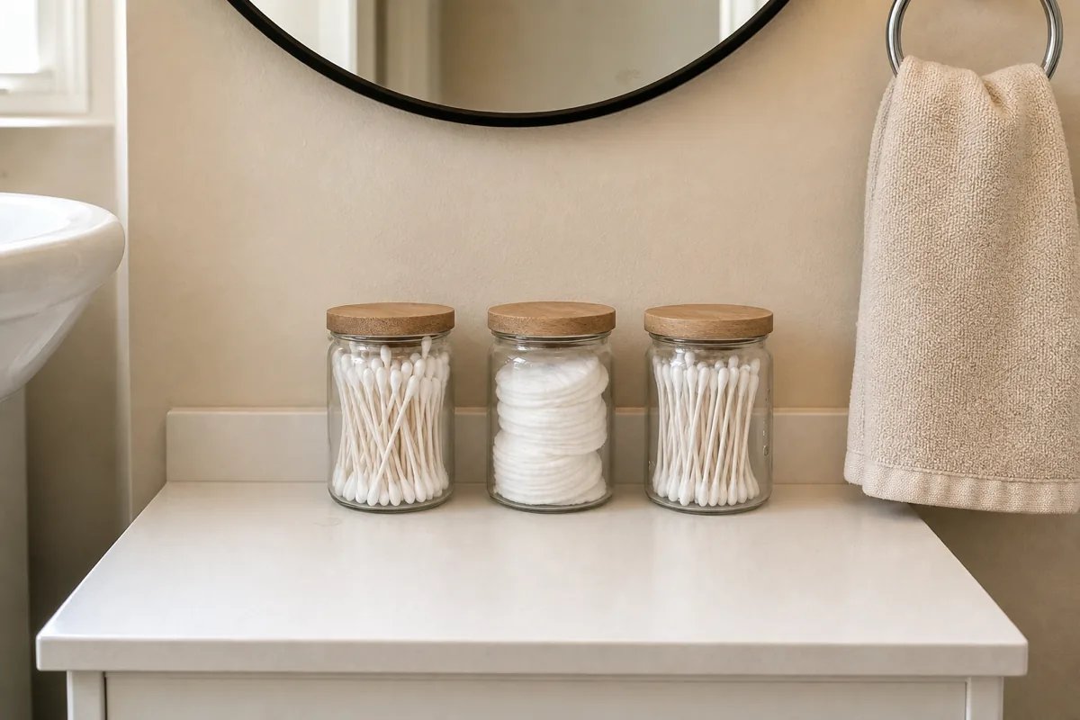Three small clear glass apothecary jars with wood lids on a white bathroom counter, holding from left to right cotton swabs, cotton pads, and more cotton swabs, the edge of a round black-framed mirror visible upper left, a cream hand towel on a metal ring upper right