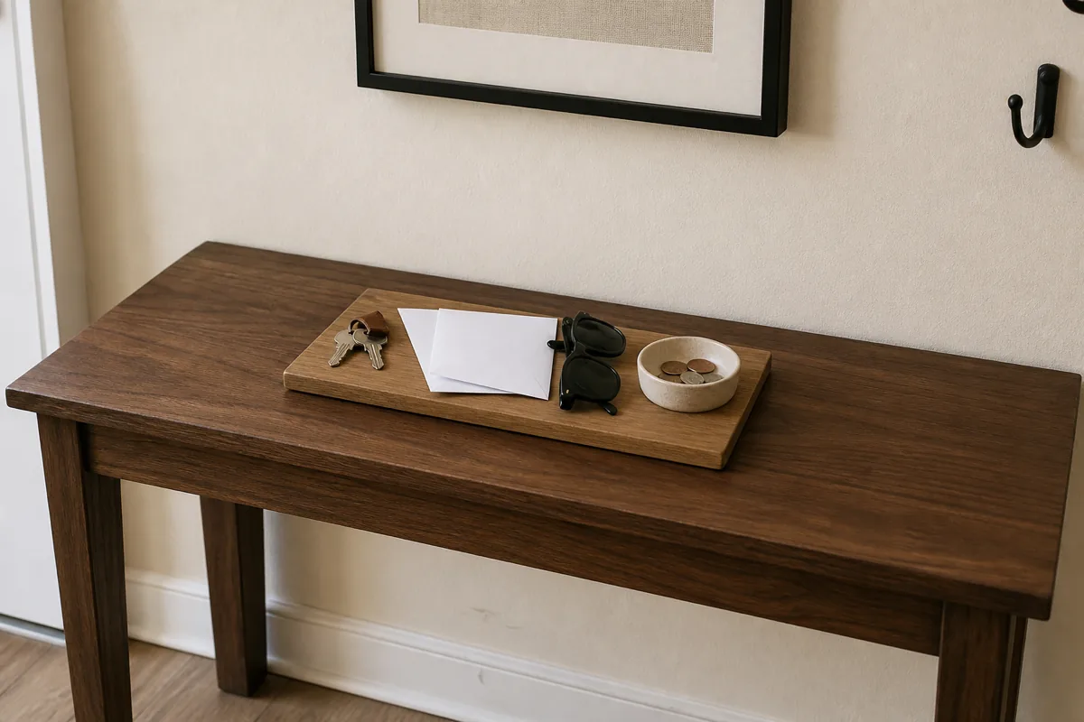 A small rectangular wood serving board on a dark walnut entry console, holding a set of house keys, a folded white envelope, and a small ceramic dish with coins, a black-framed art piece partly visible on the wall above, a black wall hook on the right, light wood floor below