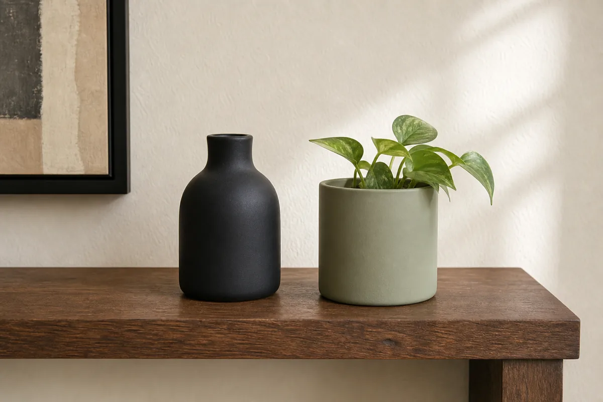 A small matte black ceramic bottle with a tapered neck and a slightly taller matte sage green planter holding a small green pothos, both on a dark walnut console, a partly visible black-framed art piece on the cream painted wall behind, soft side daylight