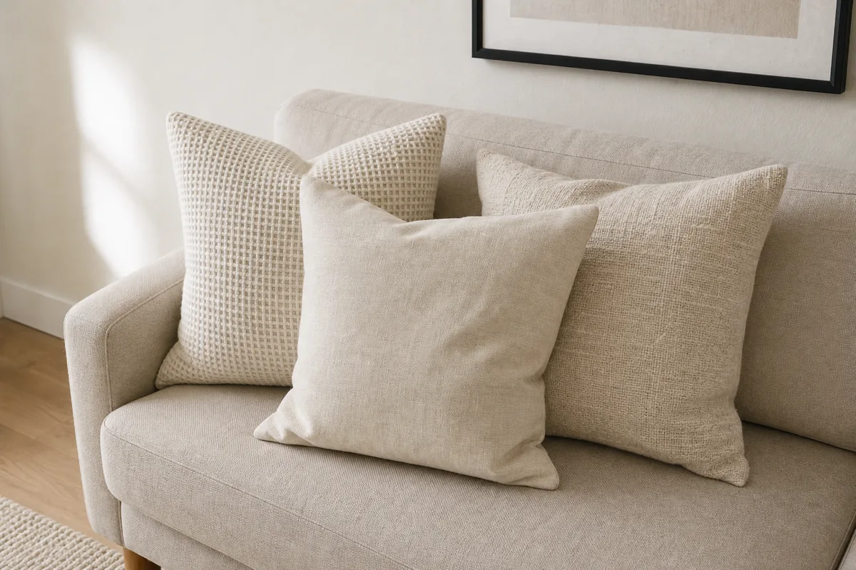 Three cream throw pillow covers in varying textures on a cream sofa corner — a waffle-weave cover at the back, a cross-hatch grid weave in the middle, a smooth flat linen-look cover at the front, soft daylight from upper left