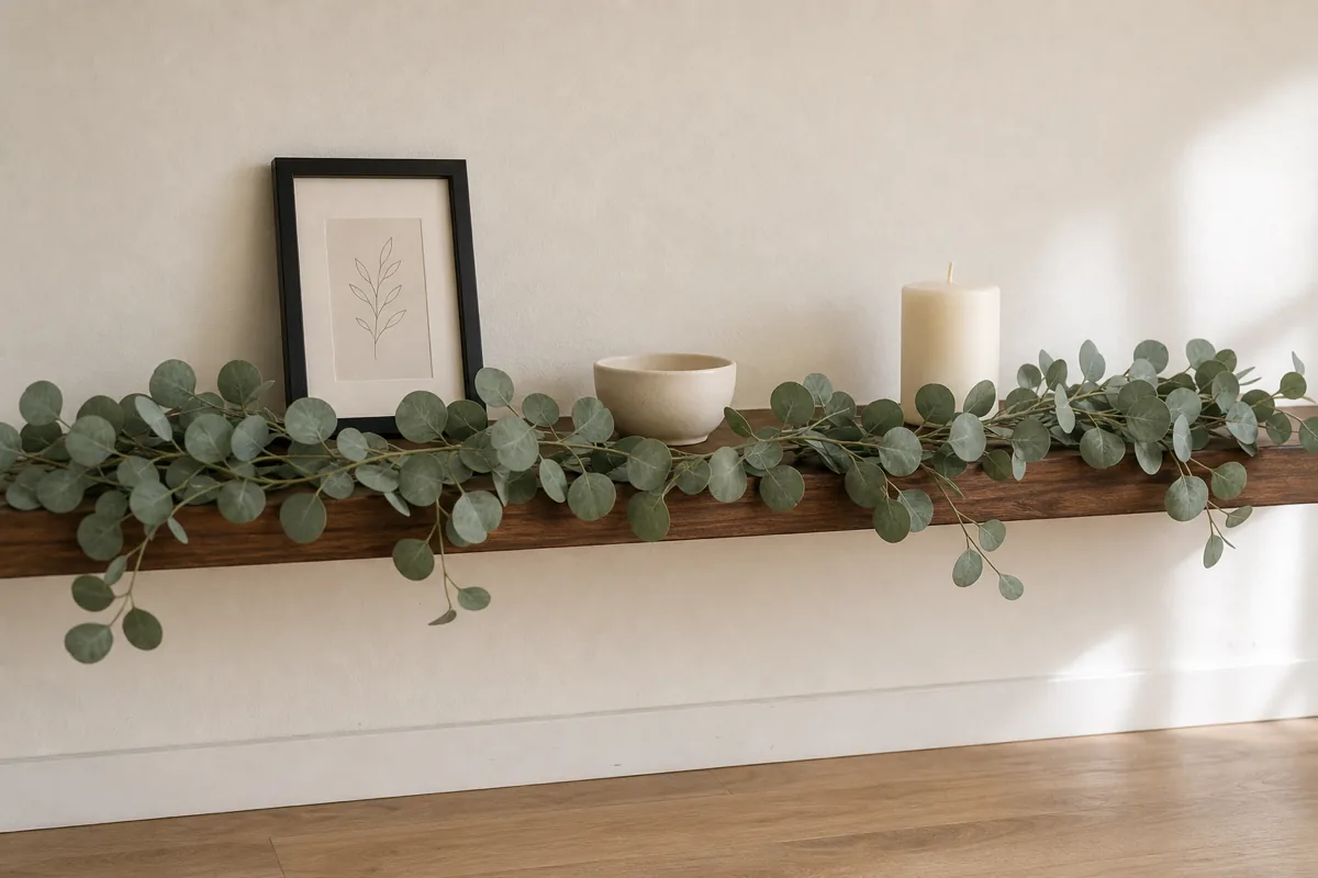 A faux eucalyptus garland draped along the front edge of a dark walnut floating shelf, with a small black-framed botanical print, a cream stoneware bowl, and a single cream pillar candle styled behind the garland, cream painted wall above, soft daylight from the right