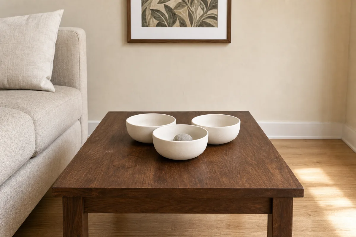 Three matching cream stoneware bowls in a slight cluster on a dark walnut coffee table, the edge of a cream sofa visible on the left, a small framed botanical print on the wall behind, light wood floor, soft side daylight