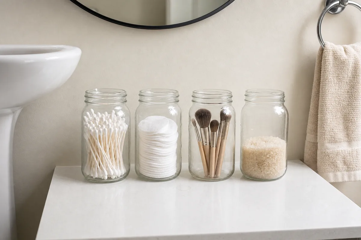 Four matching tall clear mason jars in a row on a white bathroom counter, holding from left to right cotton swabs, cotton pads, makeup brushes handles up, and coarse bath salts, the edge of a round black-framed mirror visible upper left, a cream hand towel hanging on a metal ring upper right