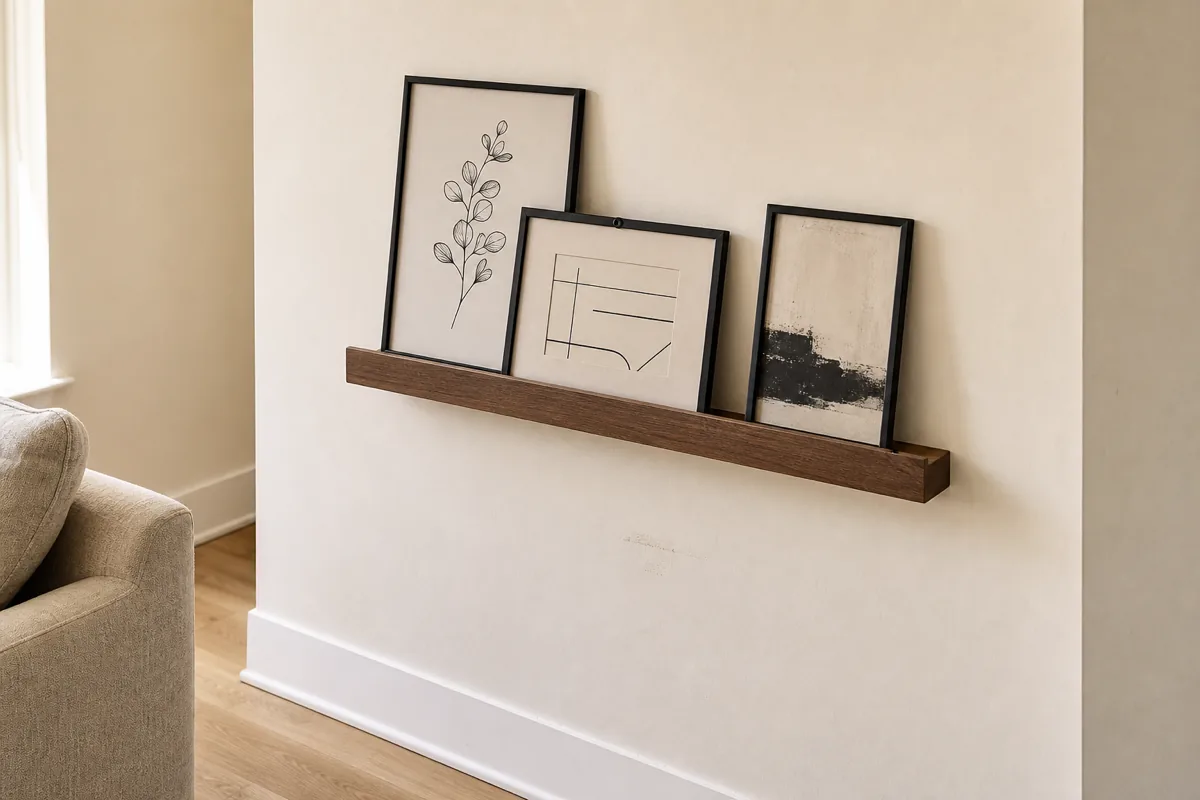 A single walnut picture ledge mounted on a cream painted wall, holding three thin black frames in slight overlap with varying sizes — a small botanical line drawing on the left, a medium abstract geometric print in the center, a small dark abstract on the right, light wood floor below, the corner of a cream chair lower left